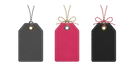Three blank price tags or gift tags, one black, one pink, and one dark gray, isolated on transparent background