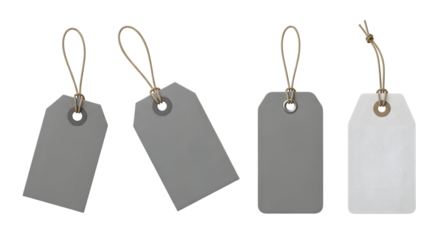 Four blank gift tags, two grey and one white, isolated on transparent background