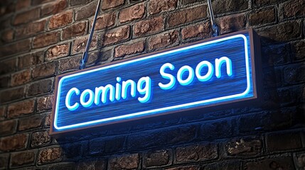 Bright neon sign reading 'Coming Soon' against a textured brick wall for promotional purposes