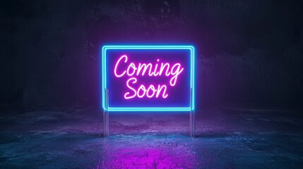 Bright neon sign reads coming soon in a vibrant setting, perfect for promoting upcoming events or launches