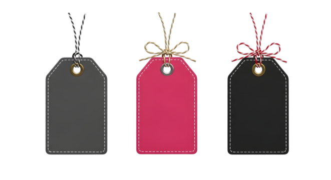 Three blank price tags or gift tags, one black, one pink, and one dark gray, isolated on transparent background