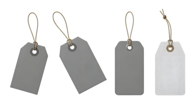 Four blank gift tags, two grey and one white, isolated on transparent background