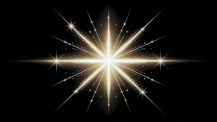 Obraz premium Golden starburst with light rays and glitter particles on black background for festive designs