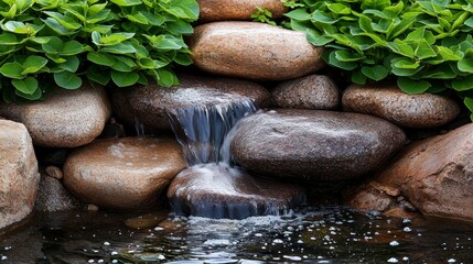 Gentle water flow cascading over smooth stones surrounded by lush green foliage in a serene garden setting