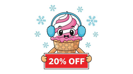Sweet Winter Offer: An endearing cartoon ice cream cone with pink and white soft serve, adorned with earmuffs.