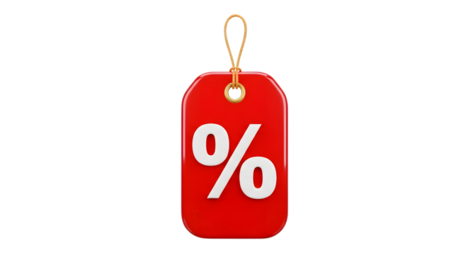 Red sale tag with percentage symbol isolated on transparent background