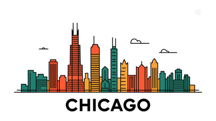 Fototapeta premium Chicago Skyline: A vibrant city skyline, a testament to modern urban architecture, showcased in a dynamic linear outline, representing the iconic cityscape of Chicago.