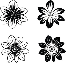 A collection of four distinct black and white floral illustrations, each featuring detailed petals and a central core, isolated on a transparent background.