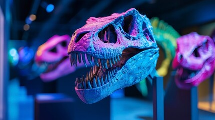 Vibrant dinosaur skull displays in a modern museum exhibit featuring colorful lighting and educational themes