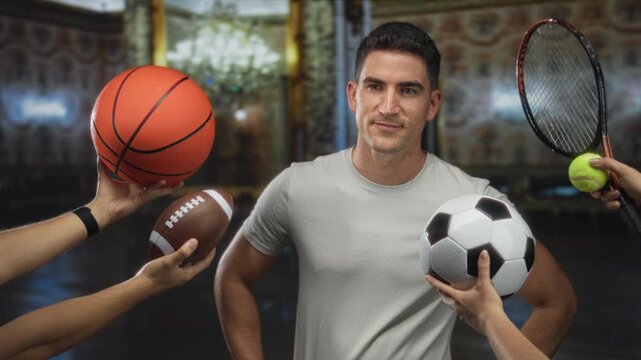 Man holds soccer ball and football while multiple hands offer basketball and tennis racket in ornate building; confidence teamwork determination. - Powered by Adobe