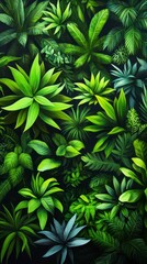 Lush green foliage featuring a variety of vibrant tropical plants and leaves arranged artistically