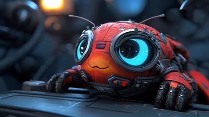 Adorable red robotic insect with large blue eyes exploring a futuristic environment