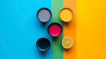 Bright and colorful paint cups and a lemon on a vibrant background creating a cheerful artistic vibe