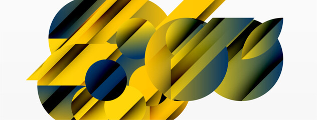 Abstract composition featuring overlapping geometric shapes. Yellow, dark blue, olive hues dominate design. Modern, dynamic visual experience.