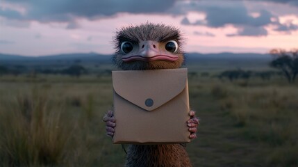 A comical ostrich delivering a letter in a serene landscape at sunset