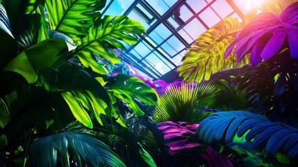 Lush tropical foliage with vibrant colors illuminated by sunlight in a greenhouse setting