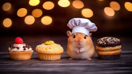 Cute hamster in chef hat with cupcakes on a wooden table and bokeh lights in the background