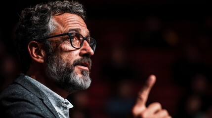 Engaging speaker passionately sharing insights during a conference on stage with blurred audience in background