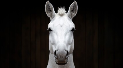Majestic portrait of a beautiful white horse against a dark background, showcasing its serene and noble expression