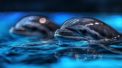 Two dolphins swimming peacefully in a serene aquarium setting with shimmering blue water