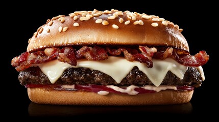 Juicy hamburger topped with crispy bacon, melted cheese and sesame seed bun on a black background
