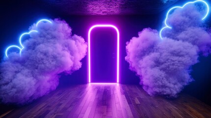 Colorful glowing door surrounded by vibrant fog and neon lights in a modern room setting
