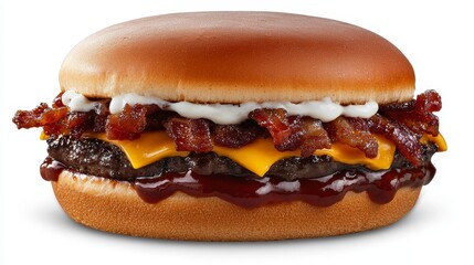 Juicy bacon cheeseburger with melted cheese, crispy bacon, and barbecue sauce on a toasted bun