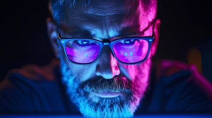 Intense focus of a middle-aged man with glasses illuminated by colorful neon lights while working on a laptop