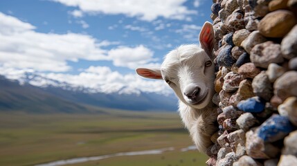 Curious little goat peering around a stone wall against a picturesque landscape with mountains and clouds