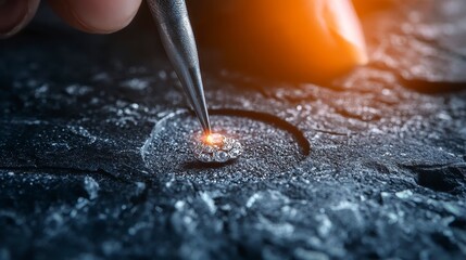 Expert artisan working on intricate jewelry design with precision tools and glowing gemstone setting