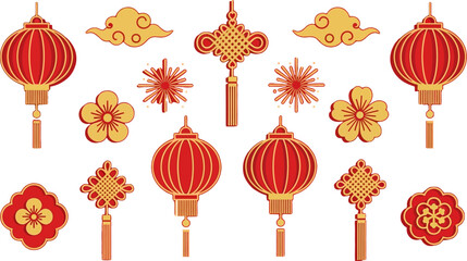 Elegant Chinese New Year vector illustration featuring red lanterns, traditional knot ornaments, gold clouds, and floral motifs. Perfect for festive designs, holiday greeting cards, invitations,