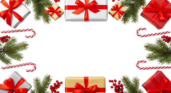 Seasonal Christmas frame with neatly wrapped gift boxes, green pine branches, and festive candy canes