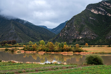 mountain landscape with lake and mountains