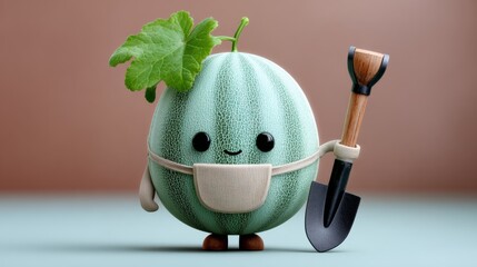 Cartoon character holding a shovel and a watermelon. The character is wearing an apron and has a smile on its face