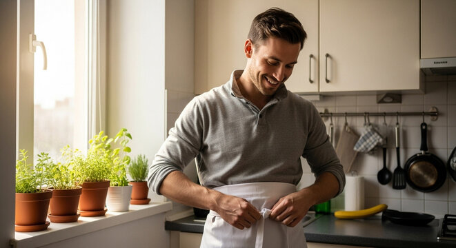Man tying apron before cooking in modern kitchen with sunlight, home cooking and meal preparation