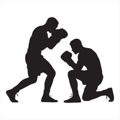 Silhouettes of two boxers in a training session with one standing and one kneeling