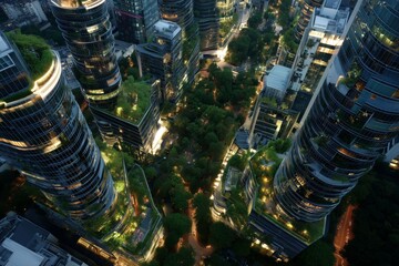High-Tech Green City at Sunset with Illuminated Towers