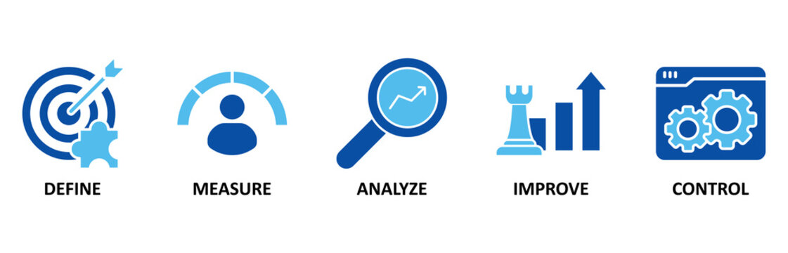 Lean six sigma icon set In Blue Style, Vector Illustration for process improvement with icon of define, measure, analyze, improve, and control