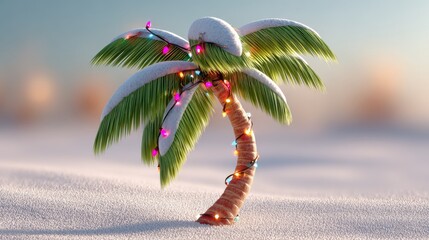 Christmas tree is lit up on a snowy beach. The tree is a palm tree, and the lights are wrapped around it. The scene is festive and joyful, with the lights adding a warm