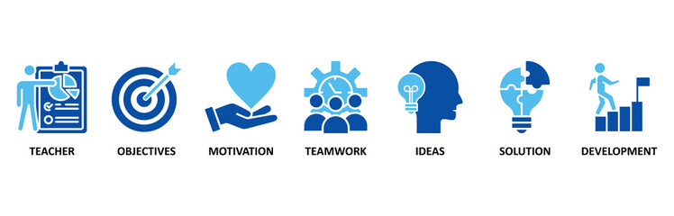 Workshop icon set In Blue Style, Vector Illustration for teacher, objectives, motivation, teamwork, ideas, solution, and development