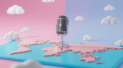 Vintage microphone on world map with clouds retro silver