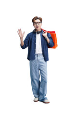 Shopping Surprise: A surprised shopper gestures excitedly, clutching vibrant bags, a trendy urban explorer caught in a moment of pure astonishment.