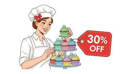 Baker's Sweet Delight: A cheerful baker with a bow adjusts a tiered stand of colorful cupcakes, a promotional offer tag enhancing the delightful scene.