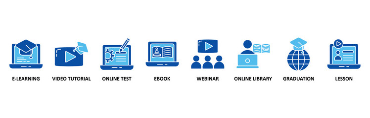 Online education icon set In Blue Style, Vector Illustration for e-learning, video tutorial, online test, ebook, webinar, online library, graduation, lesson
