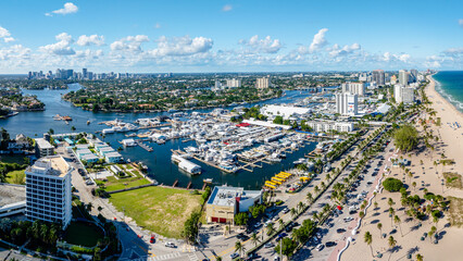 aerial drone view of Fort Lauderdale, Florida with city and marina