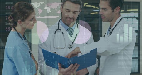 Collaborating medical staff reviewing patient records in hospital corridor, with digital overlays