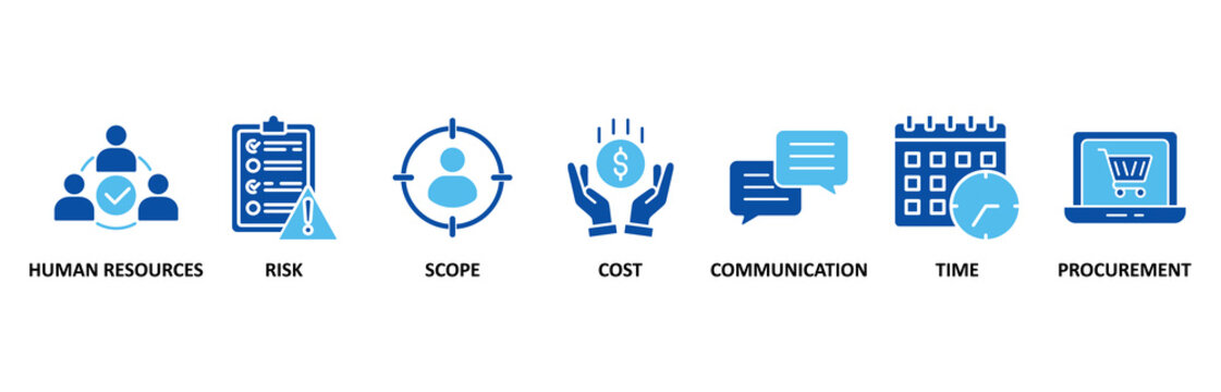 Project management icon set In Blue Style, Vector Illustration for human resources, risk, scope, cost, communication, time and procurement