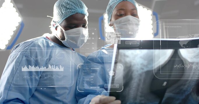 Surgeons displaying hip X-ray and tapping holographic charts and vitals for surgery planning - Powered by Adobe
