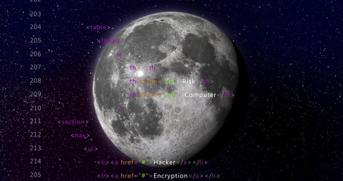 Cratered moon floating in deep blue outer space, with multi-colored HTML code tags