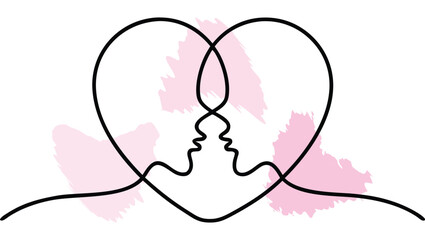 Two faces forming a heart shape with abstract brush strokes love couple single line